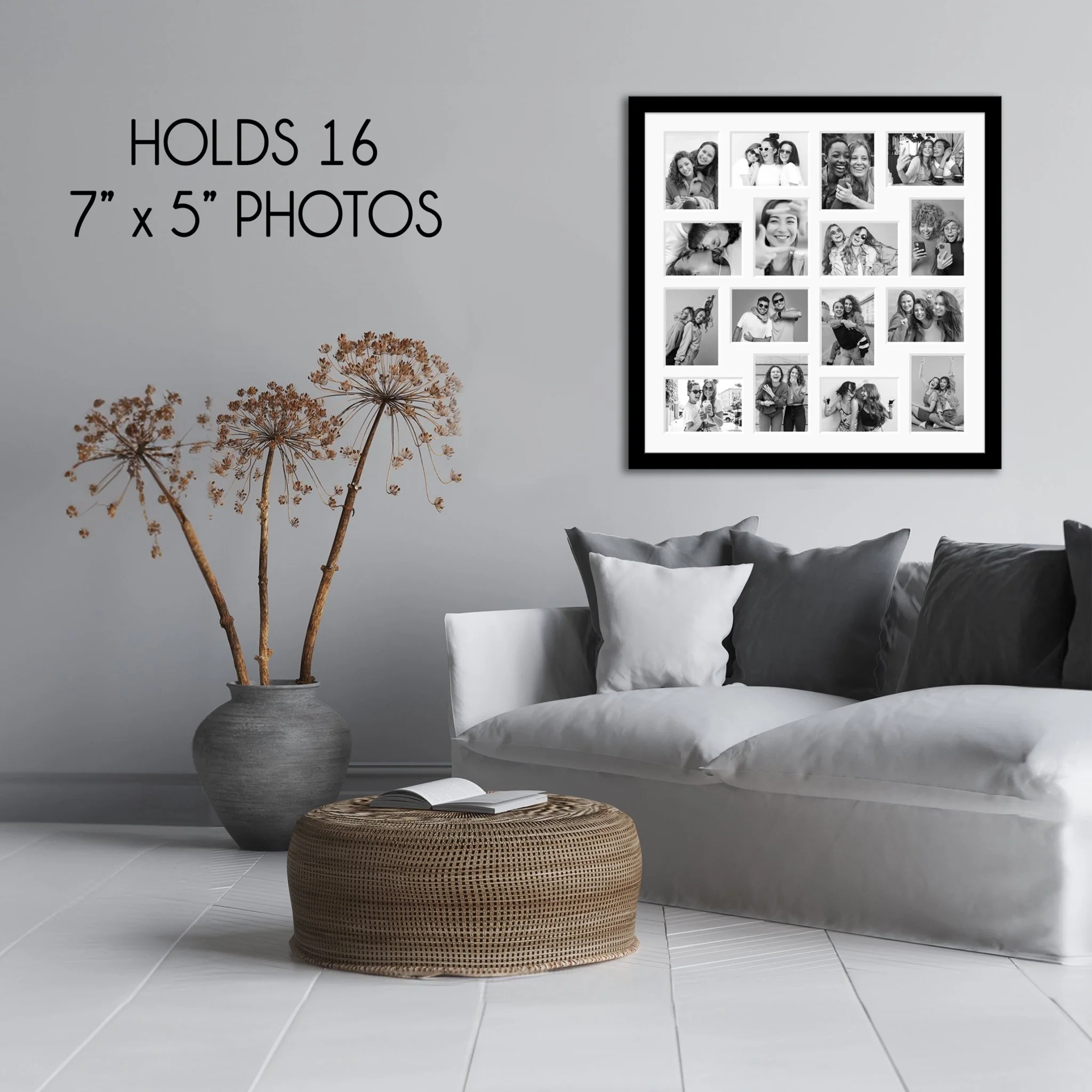 Multi Photo Frame to Hold 16 - 7"x5" Photos | Black Wood Frame