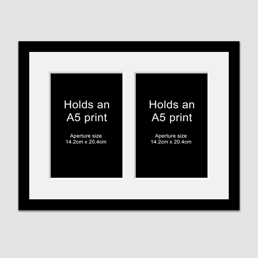 Picture Frame to hold 2 A5 prints or photos in a Black Wood Frame
