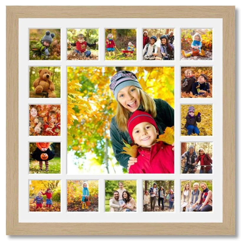 Extra Large Multi Photo Picture Frame Holds 16 5"x5" photos and 1 16" x 16" photo in an Oak Veneer Frame