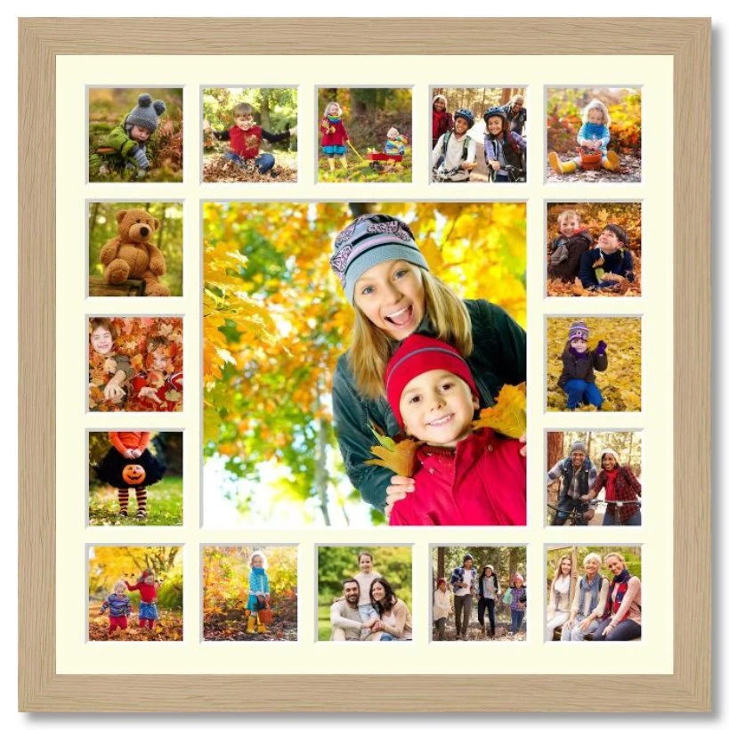 Extra Large Multi Photo Picture Frame Holds 16 5"x5" photos and 1 16" x 16" photo in an Oak Veneer Frame - Image 2